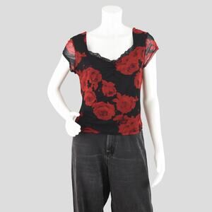 Y2K Rose Print Mesh Overlay Cropped Top with Lace